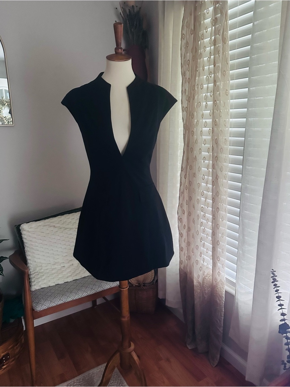 Black Cap-Sleeve V-Neck Mini Dress